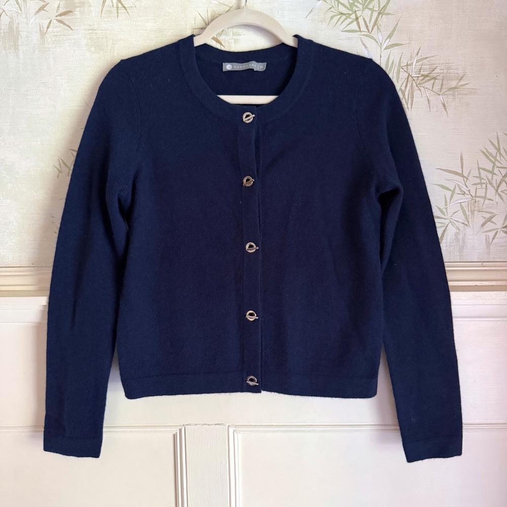 InCashmere Navy Blue Cashmere Cardigan Sweater Toggle Crewneck Quiet Luxury XS